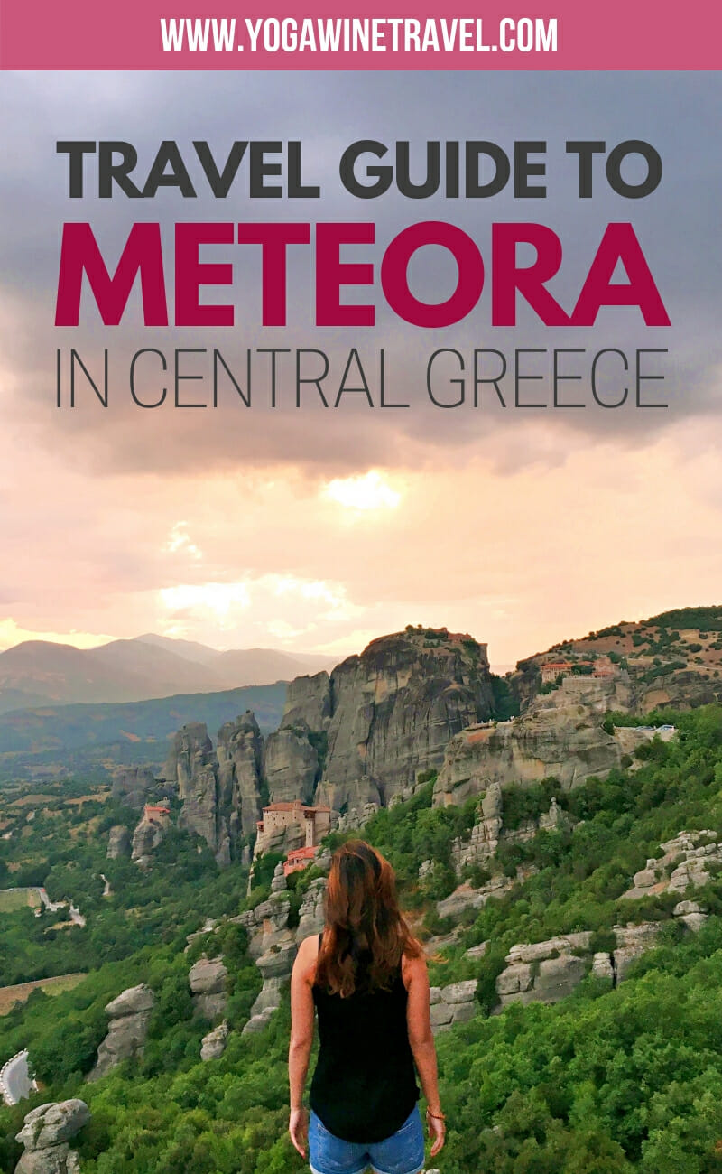Woman standing in Meteora Greece with text overlay
