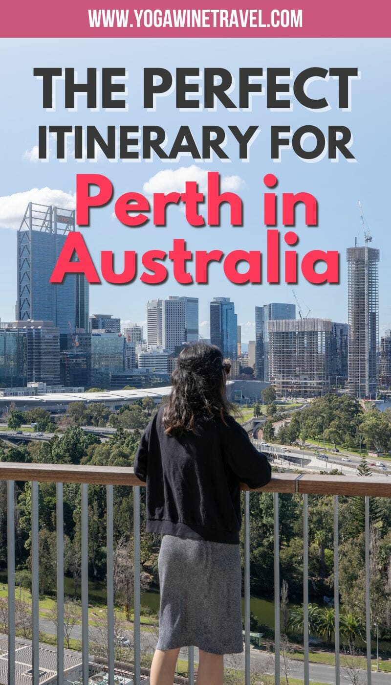 Woman standing in front of Perth skyline with text overlay